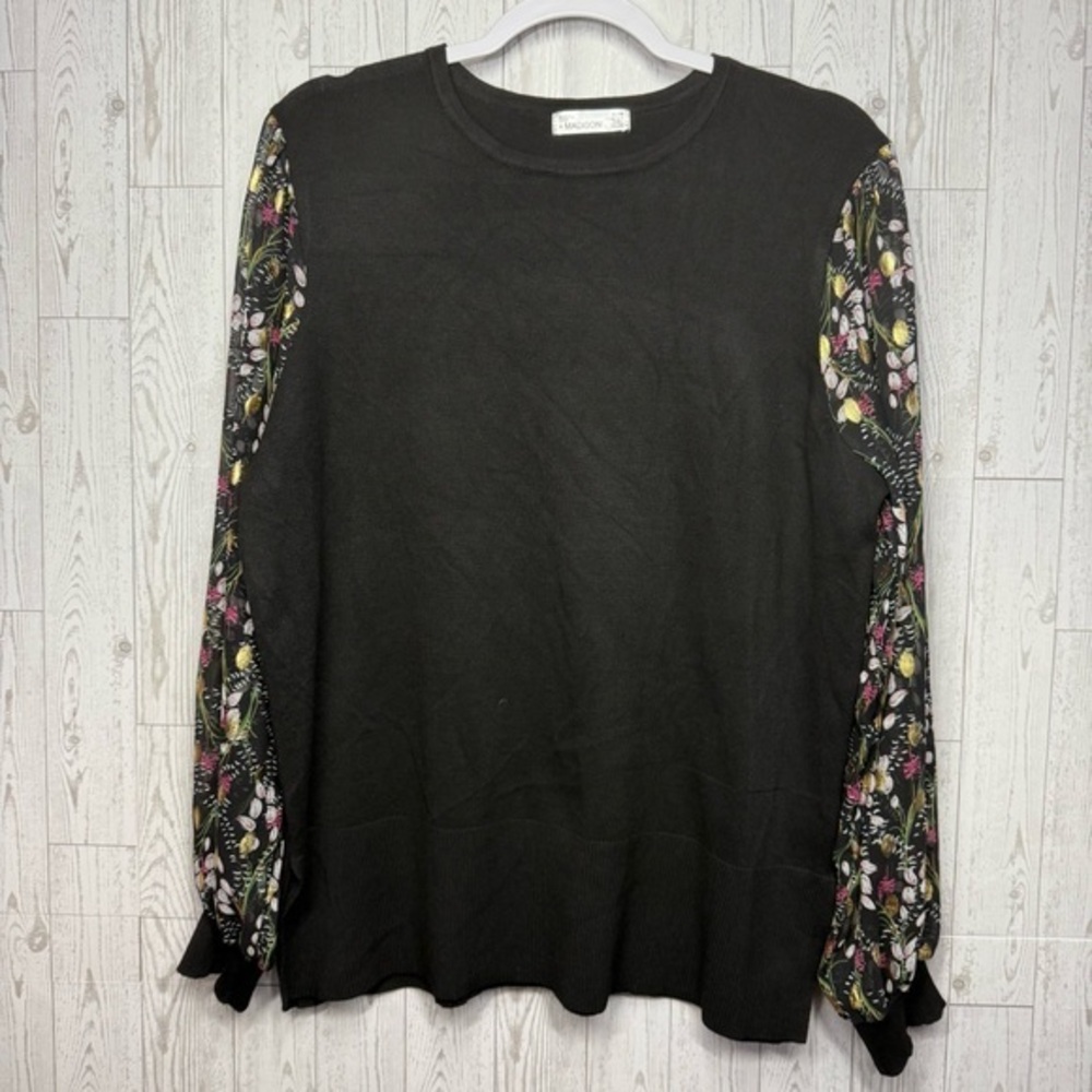 89th & Madison Size XL Lightweight Black Sweater with Sheer Floral Long Sleeves